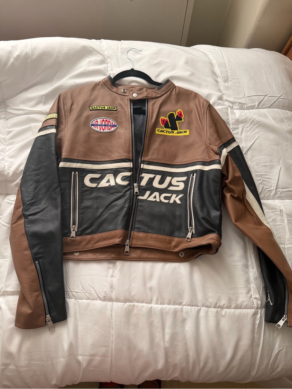 Cactus Jack Air Jordan Brown & Black Leather Racing Jacket